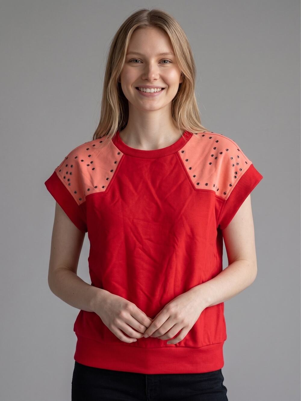 Doe and Rae Red Pink Studded Short Sleeve Sweatshirt Top Small Colorblock NWOT